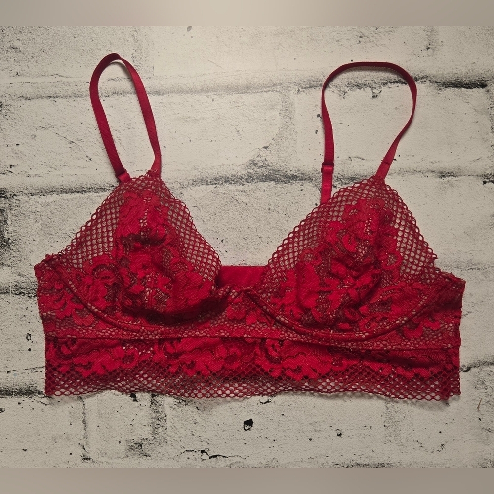 La Senza Red Lace Longline Bralette Underwire Sheer Size M